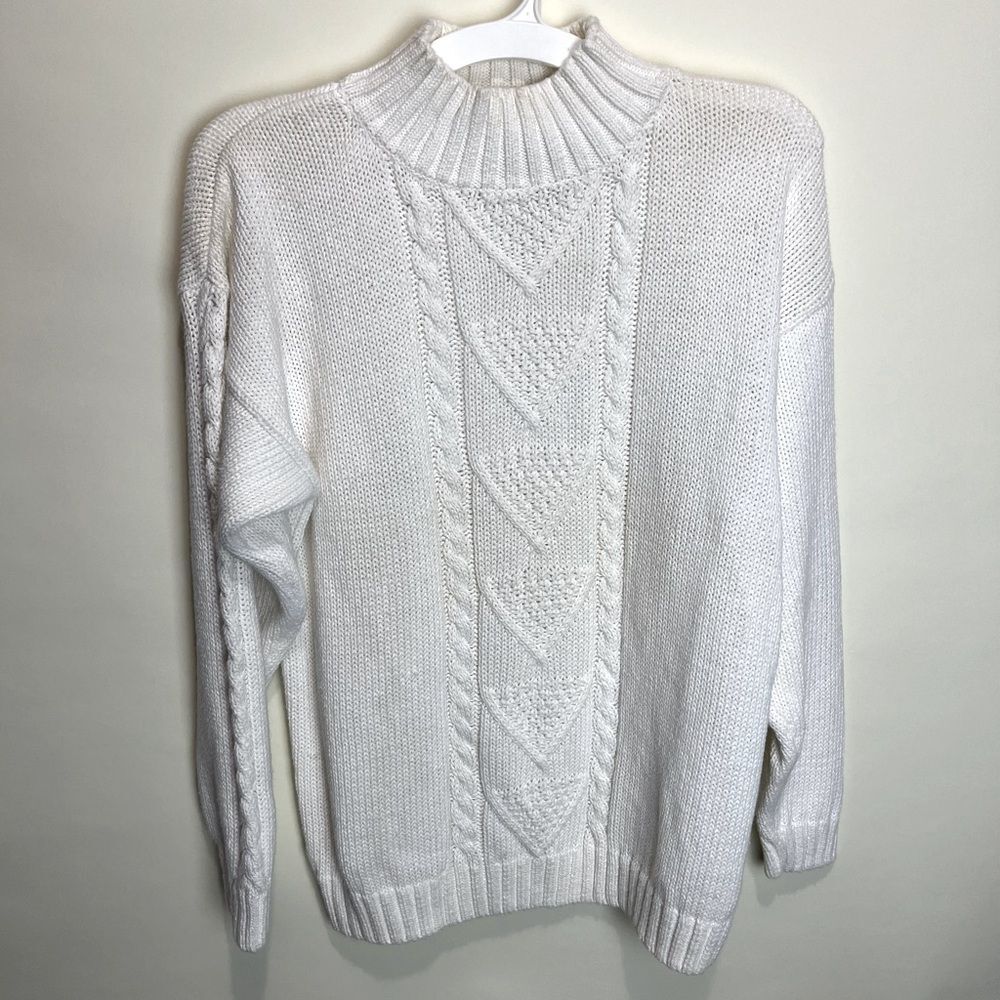 Vintage 80/90s Womens Large Mock Neck Cable Knit Sweater Ivory Fisherman Classic